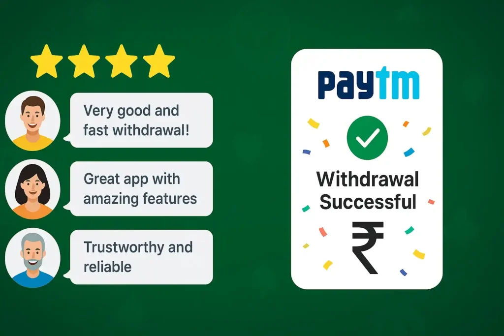 5-star user reviews and Paytm withdrawal confirmation