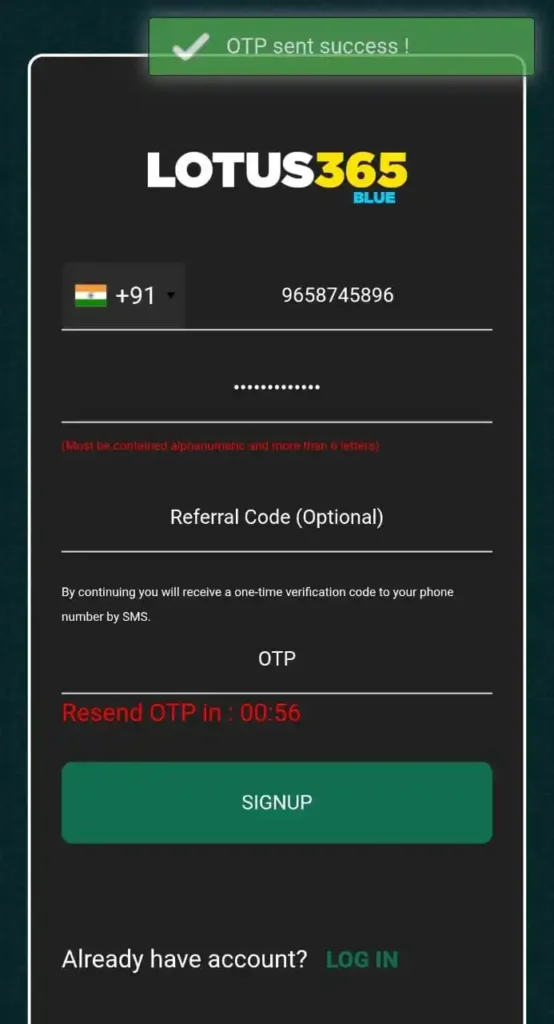 lotus365 complete signup form